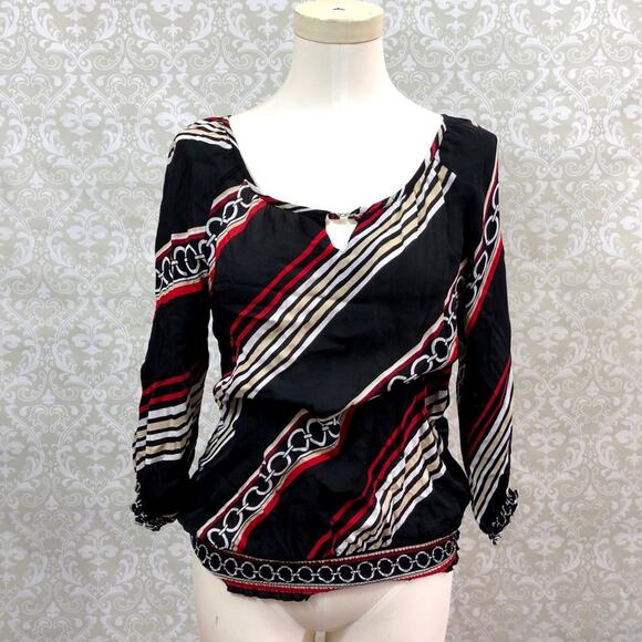 WHBM Small Womens Black Red Silk Chain Print Peasant Blouse - Picture 1 of 5